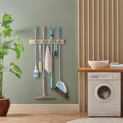 OUTNILI Mop and Broom Holder Wall Mount - Light Wood Organizer with 4 Slots & Hooks for Garage, Closet, Kitchen