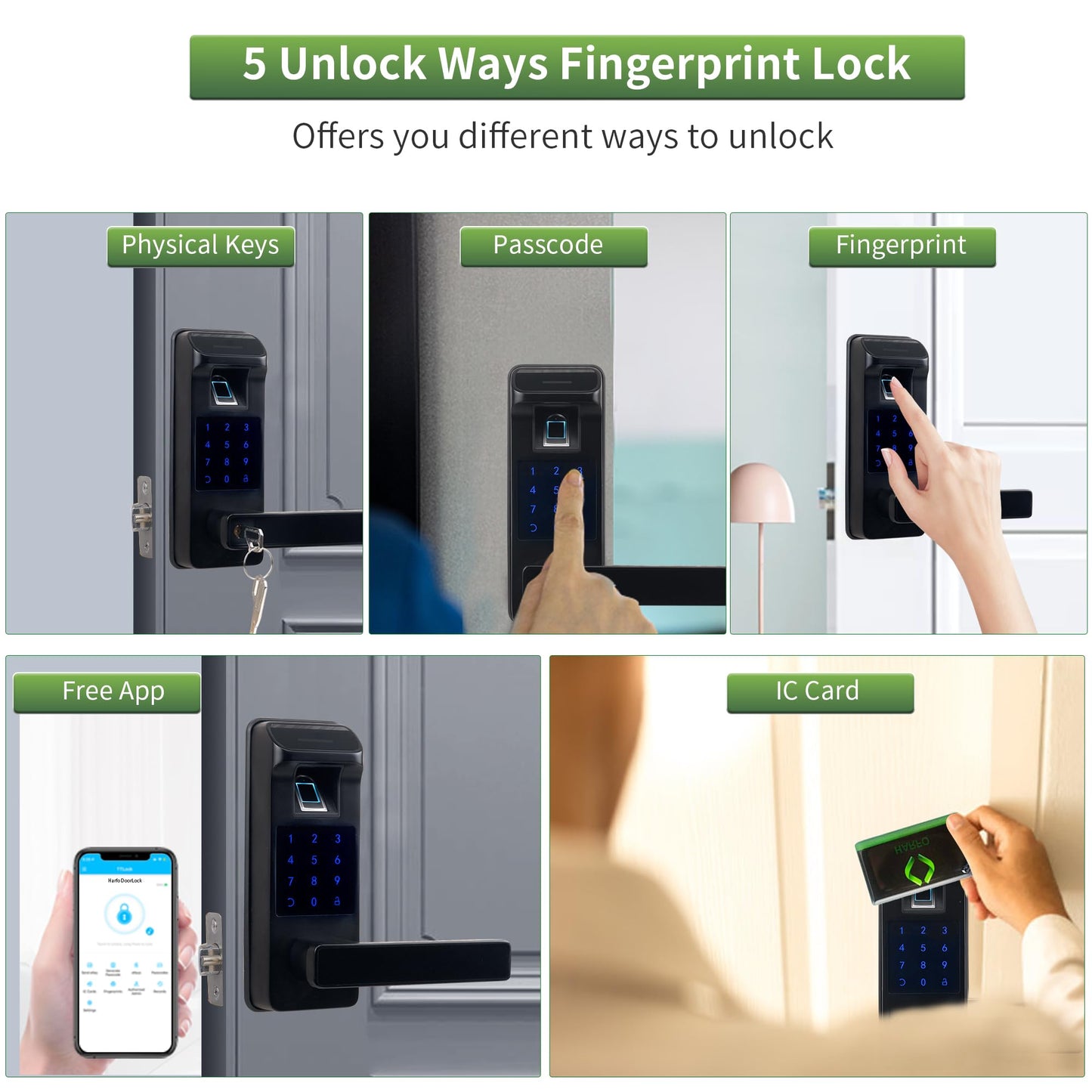 Harfo Smart Door Lock, Heavy Duty 5 in 1 Keyless Entry Door Lock, Full App Control Digital Keypad Lock, Reversible Handle with Fingerprints and Passcodes for Family/Office/Apartment (Gold)