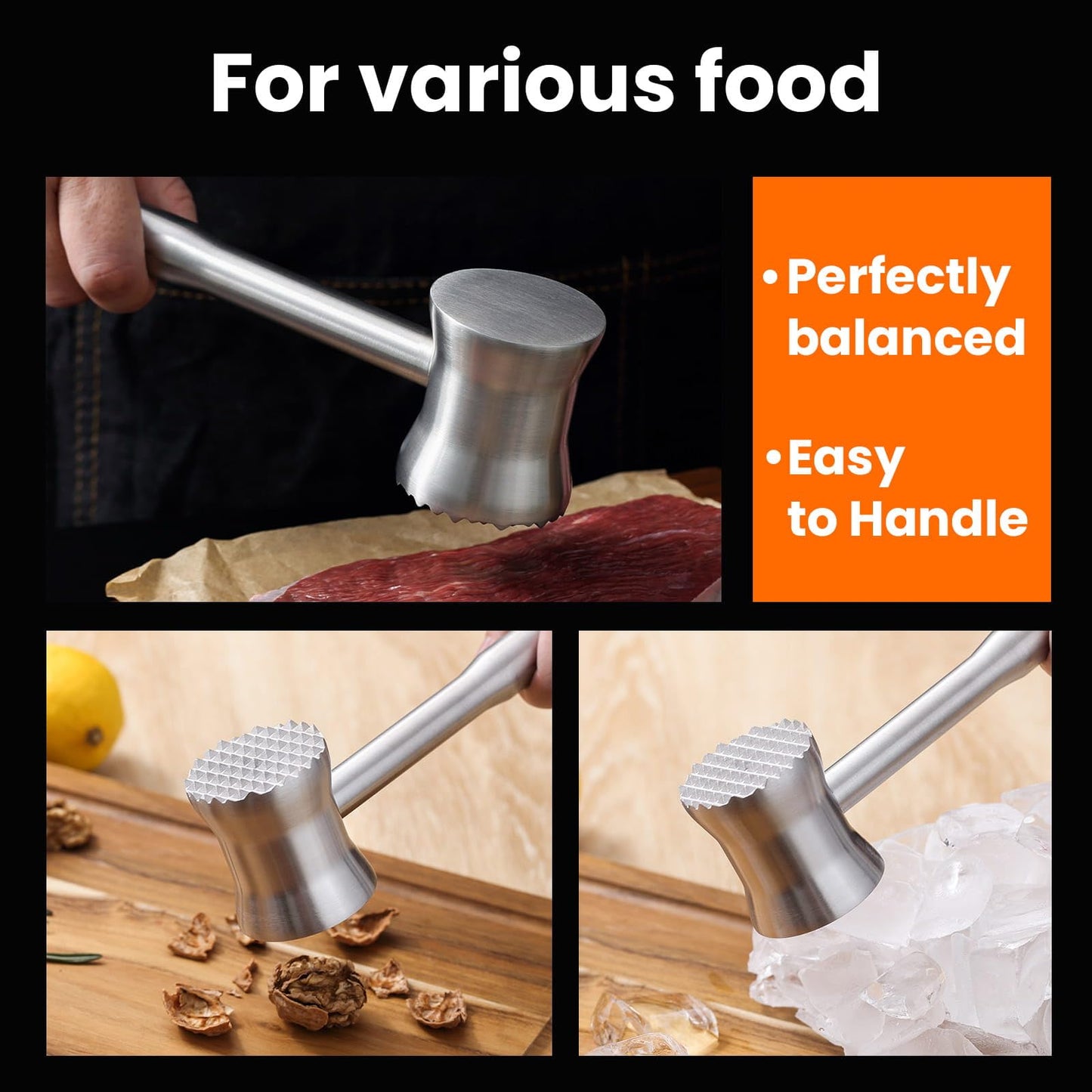 Aihomo 304 Stainless Steel Meat Tenderizer Mallet, Meat Hammer Dishwasher Safe with Storage Bag & Gift Box, Dual Sided Chicken Pounder for Steak, Beef, Poultry, Heavy Duty Kitchen Mallet