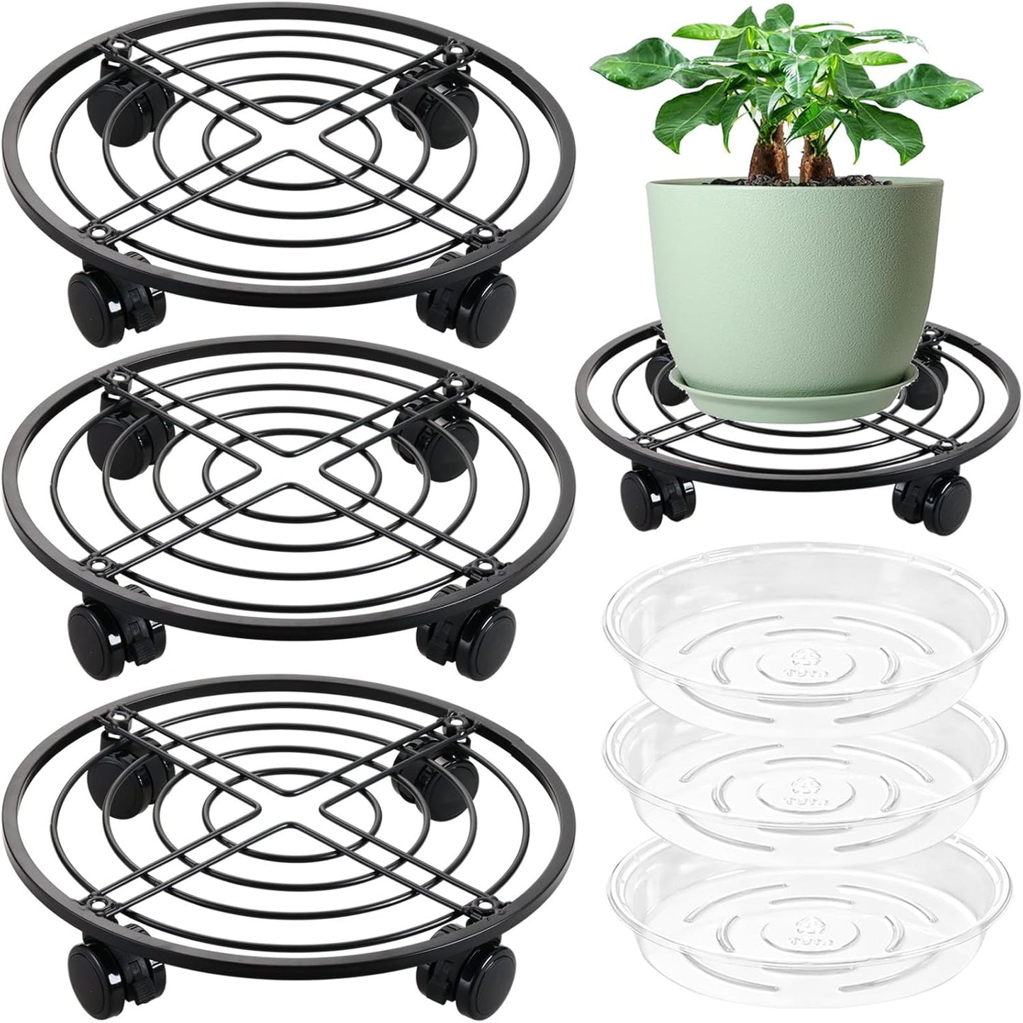 lucpur 12" 3 Packs Metal Plant Caddy with Wheels Large Rolling Plant Stands Indoor Wheeled Plant Dolly Heavy-duty
