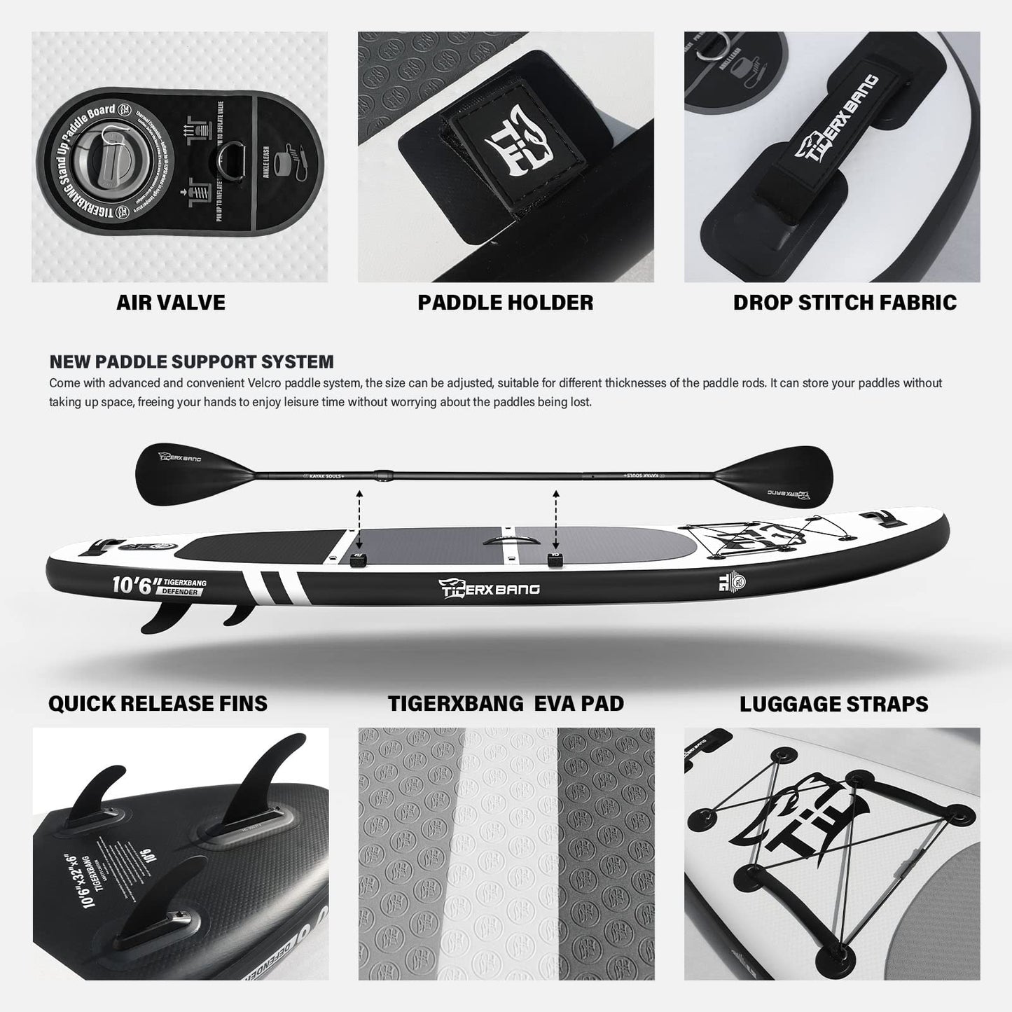 TIGERXBANG Stand Up Paddle Boards 10'6" x 32" x 6" with Premium SUP Board Accessories, Inflatable Paddle Boards for Adults/Kids with Double-Bladed Paddle, Kayak Seat, Defender-Pro Black