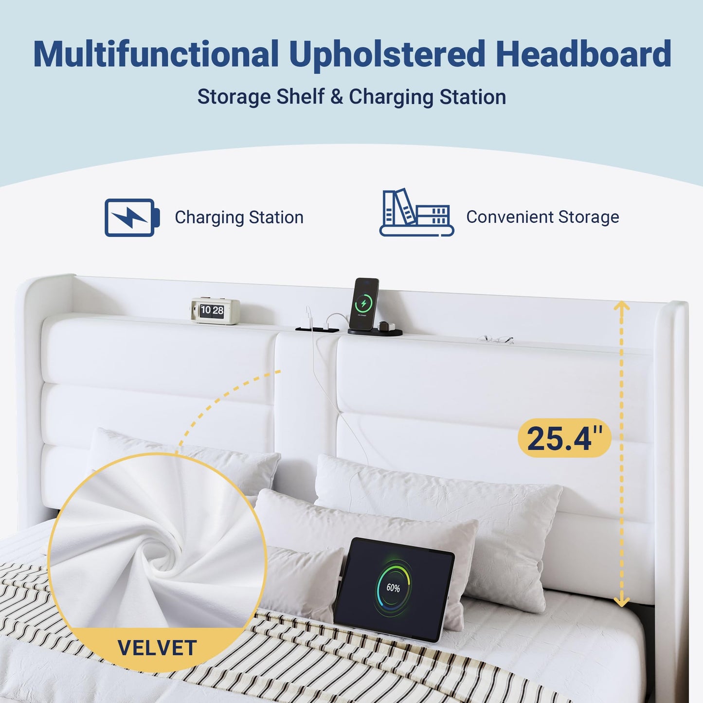 Allewie King Size Platform Bed Frame with Charging Station & Storage Headboard, Upholstered Velvet Wingback Design & USB Port, Strong Wooden Slats Support, No Box Spring Needed, Easy Assembly, White