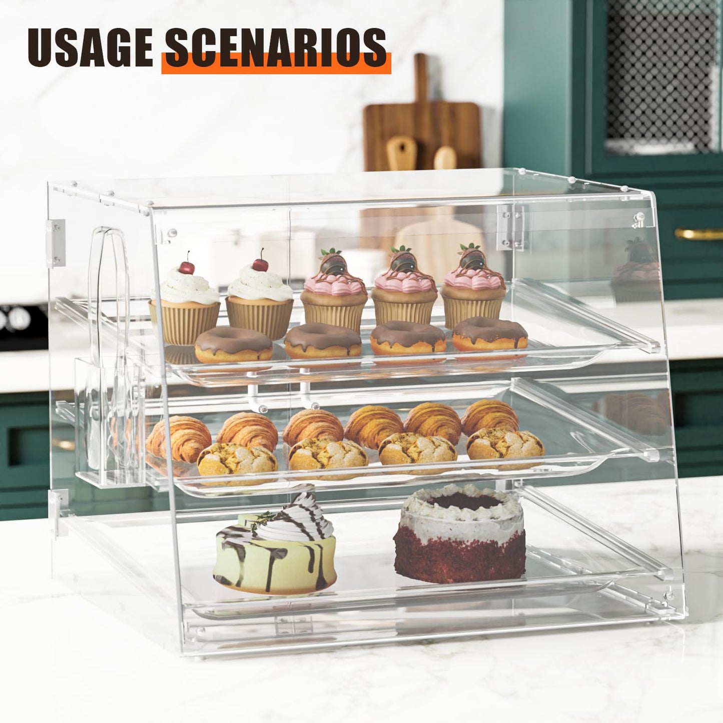 2PCS 20.9”W x 17.3”D x 16.7”H ,3-Tray Bakery Display Case, Acrylic Clear Display Case Countertop for Bread Pastry Dessert Food Cookie Display, Display Cabinet Box for Baking Enthusiasts