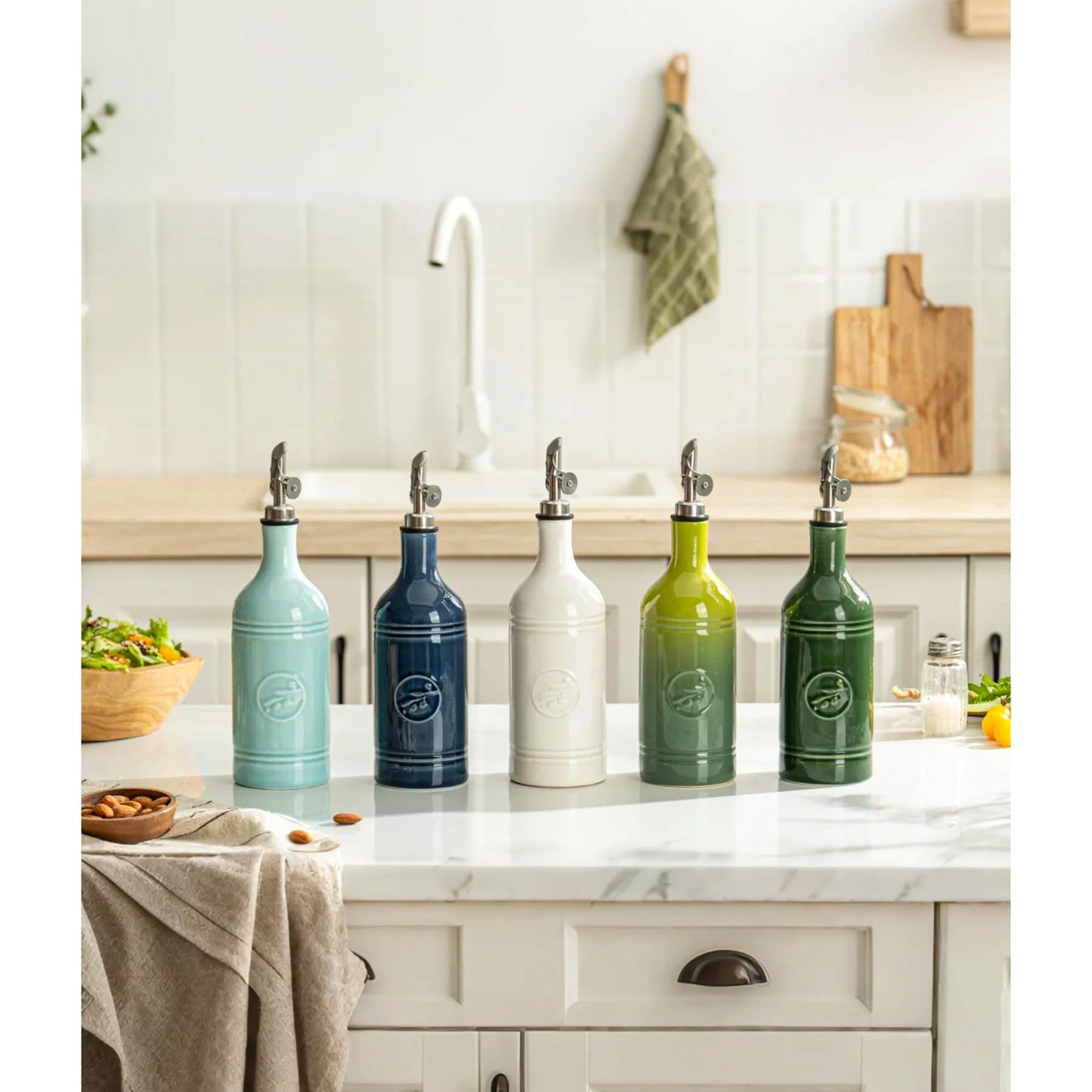 MIKIGEY Olive Oil Dispenser Bottle with Spout, 18 oz Ceramic Oil Dispensers for Kitchen, Opaque Cruet, EVOO & Vinegar Bottle with Automatic Stainless Steel Pourer, Pack of 1, Jade Green