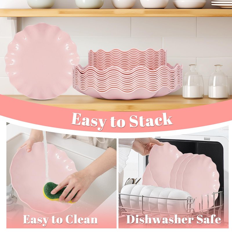 LIYH 50 Pcs Pink Plastic Plates Reusable - Durable and Dishwasher Safe Baby Shower Plates Wavy Daisy Plastic Flower Plate for Mothers Day Plates Party Wedding Birthday Picnics BPA Free (25Guests)
