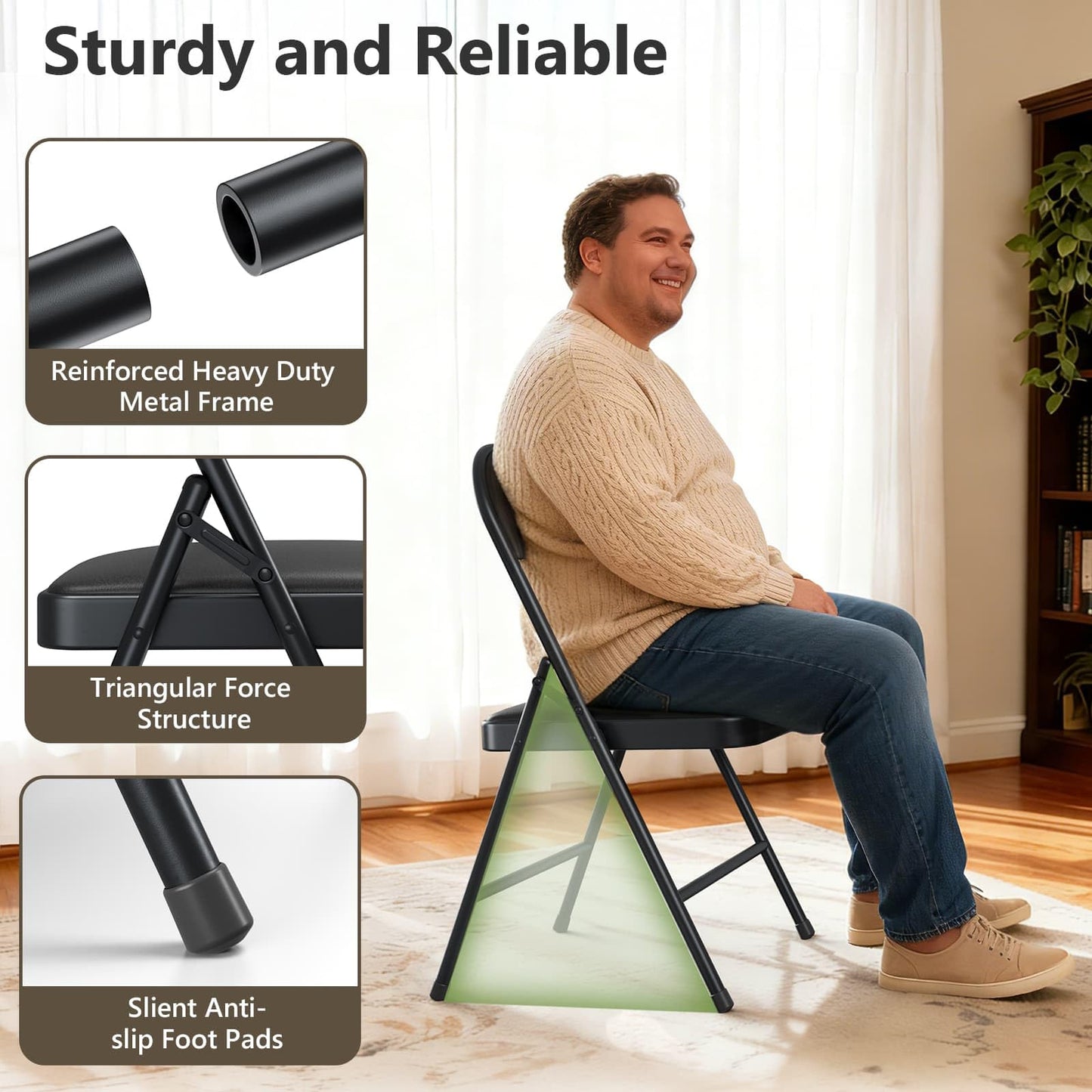 MAKE CHANGES Folding Dining Chairs Set of 10 - Modern PU Leather Folding Chairs with Cushion Seat & Back Metal Legs Kitchen Chairs Folding Chair Set for Kitchen/Living Room/Bedroom/Parties (Black)