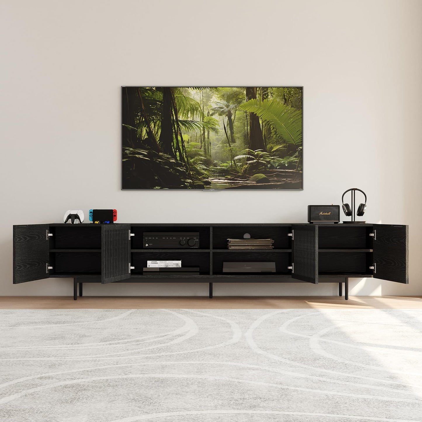 POVISON Full Assembled Mid-Century Modern TV Stand with Slatted Doors, Wood Media Console for 80 85+ Inch TV, TV Console with Tall-cast Metal Legs, Entertainment Center with Storage for Living Room