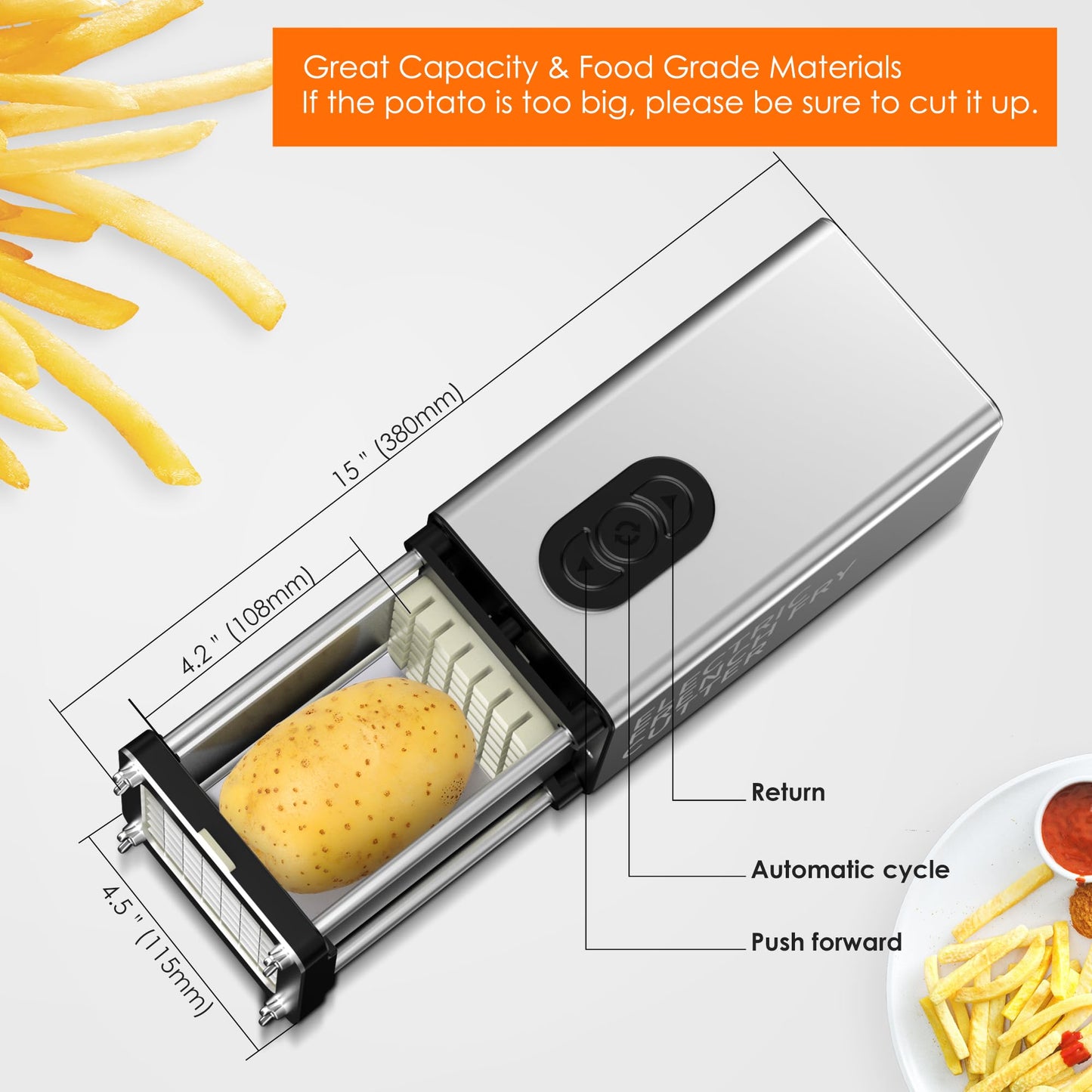 SIXRARI Electric French Fry Cutter, 1/2 & 3/8 Inch Interchangeable Stainless Steel Blades Automatic Potato Cutter, Commercial & Household Potato Slicer, Use for Potatoes Onion Cucumbers