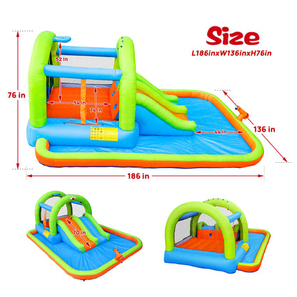 WELLFUNTIME Inflatable 2-in-1 Water Slide Bouncy Castle with Blower, Jumping House with Double Slide & Basketball Ring for Kids, Jumping Area for 3 Kids