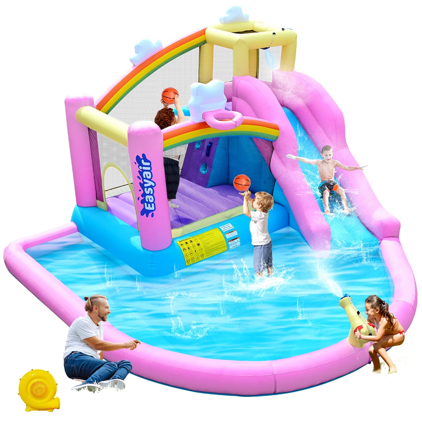 Easyair Inflatable Bounce House Water Slide Combo, Blow Up Water Slides for Backyard, Kids Jumper with Climbing Wall, Basketball Hoop, Splash Pool with Blower
