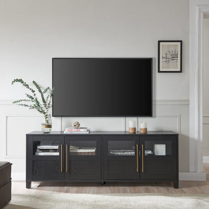 Henn&Hart TV Stand for TVs up to 75" with 2 Glass and Wood Split Panel Display Cabinets for Living Room, Family Room, or Office, Natural Black