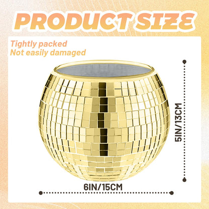 Disco Ball Vase Gold Mosaic Glass Mirror Ball Planter Disco Ball Planter for Centerpieces Disco Ball Decor Flower Vase with Silver Mirror Glass for Wedding Party Birthday, Disco Decor (5" X 6")