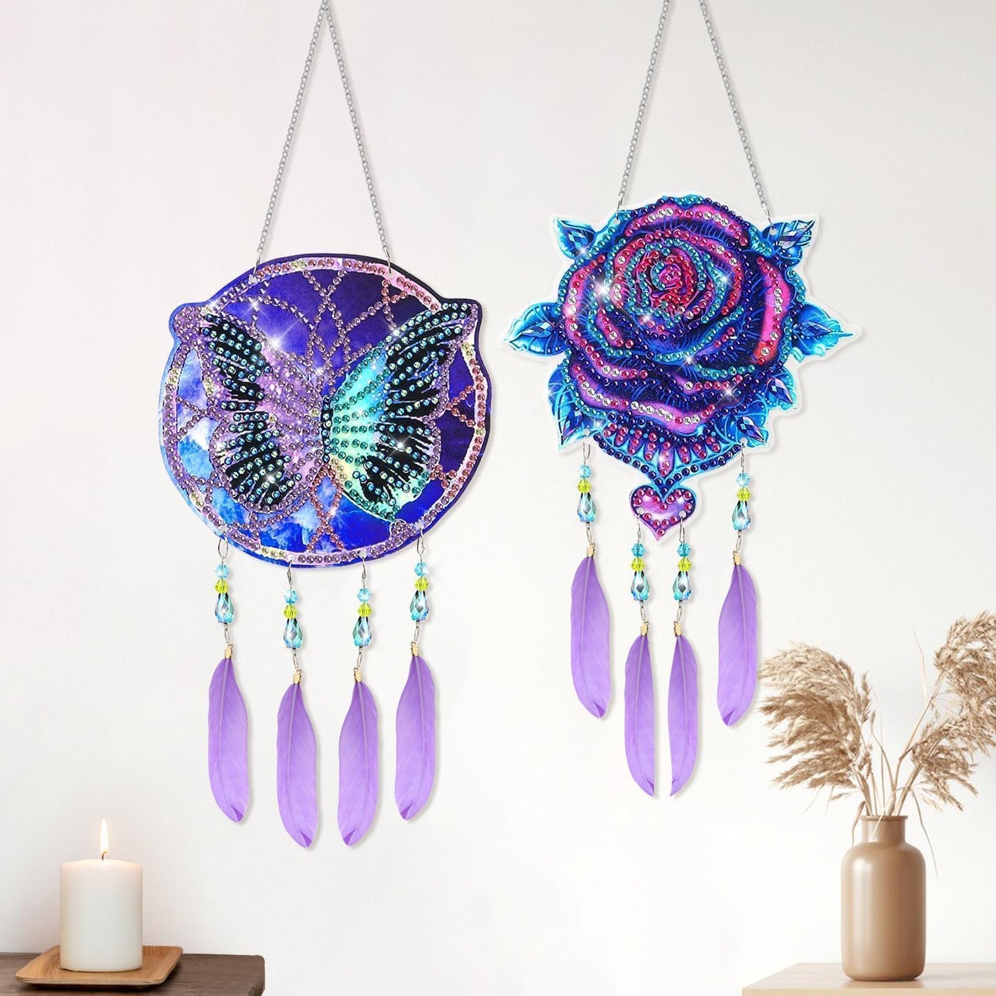 EEEKit 2PCS Diamond Painting Suncatcher Kit, Hanging Diamond Art Painting Suncatcher, DIY Crystal Art Wind Chime for Home Wall Window Decor