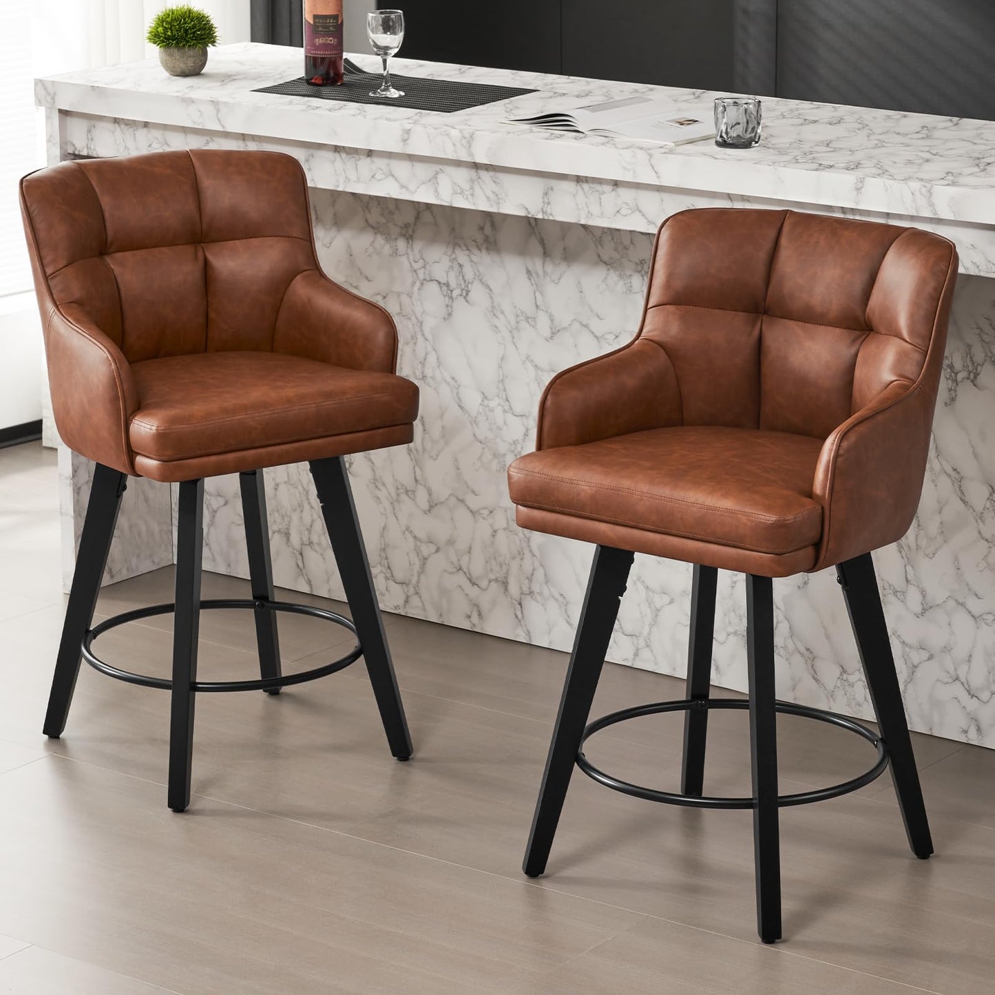 SAECKBERG 360°Swivel Counter Height Bar Stools with Back, 26 inch Solid Wood Legs, Bar Stool Modern Kitchen Island Chairs, Faux Leather (Brown- Faux Leather, 26" H- Set of 2)