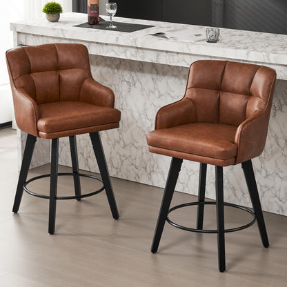SAECKBERG 360°Swivel Counter Height Bar Stools with Back, 26 inch Solid Wood Legs, Bar Stool Modern Kitchen Island Chairs, Faux Leather (Brown- Faux Leather, 26" H- Set of 2)