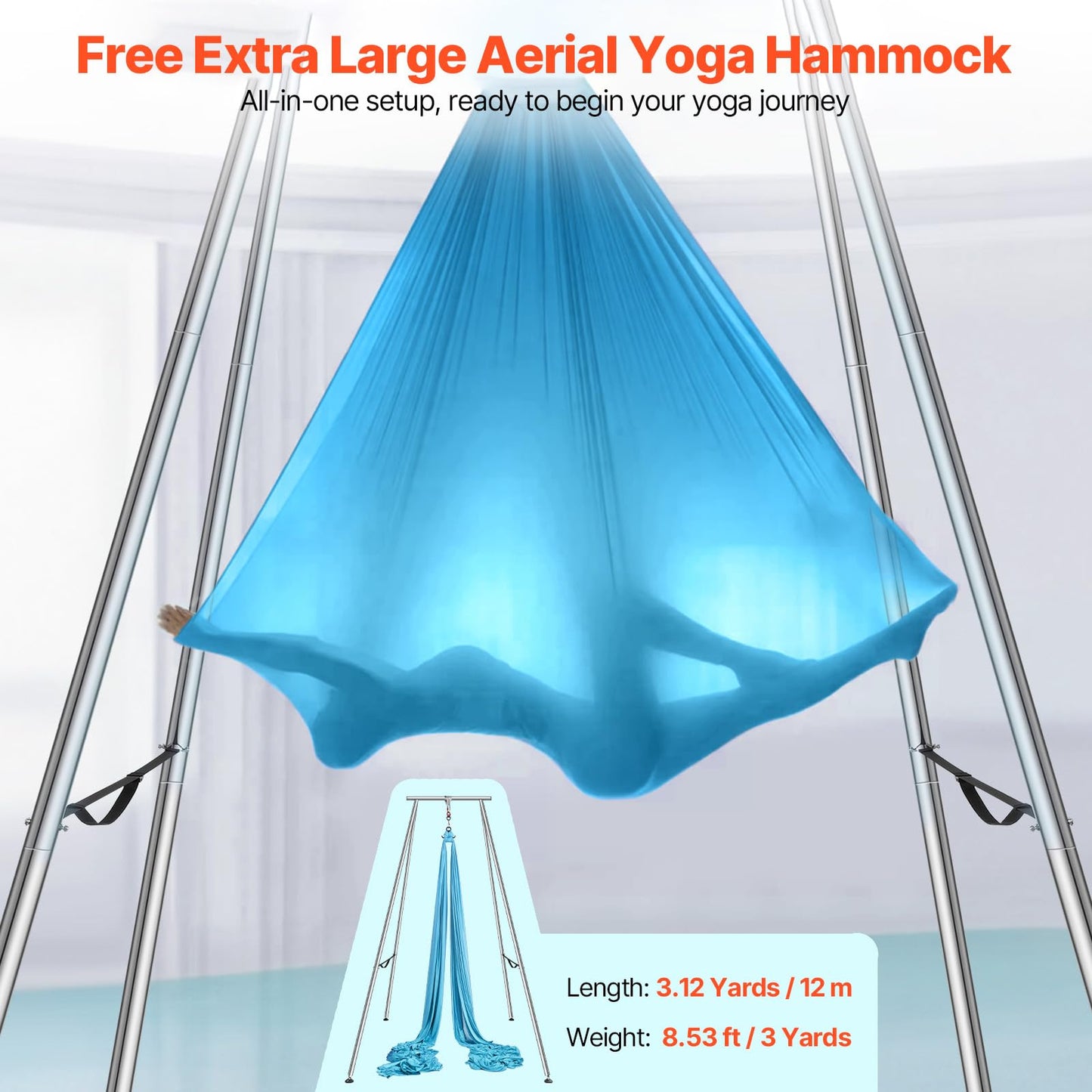 VEVOR Aerial Yoga Frame & Hammock, 551.15 lbs Load Capacity, 9.68 ft Height Professional Training Swing Stand Comes with 13.1 Yards Aerial Hammock, Yoga Rig for Indoor Outdoor, Blue