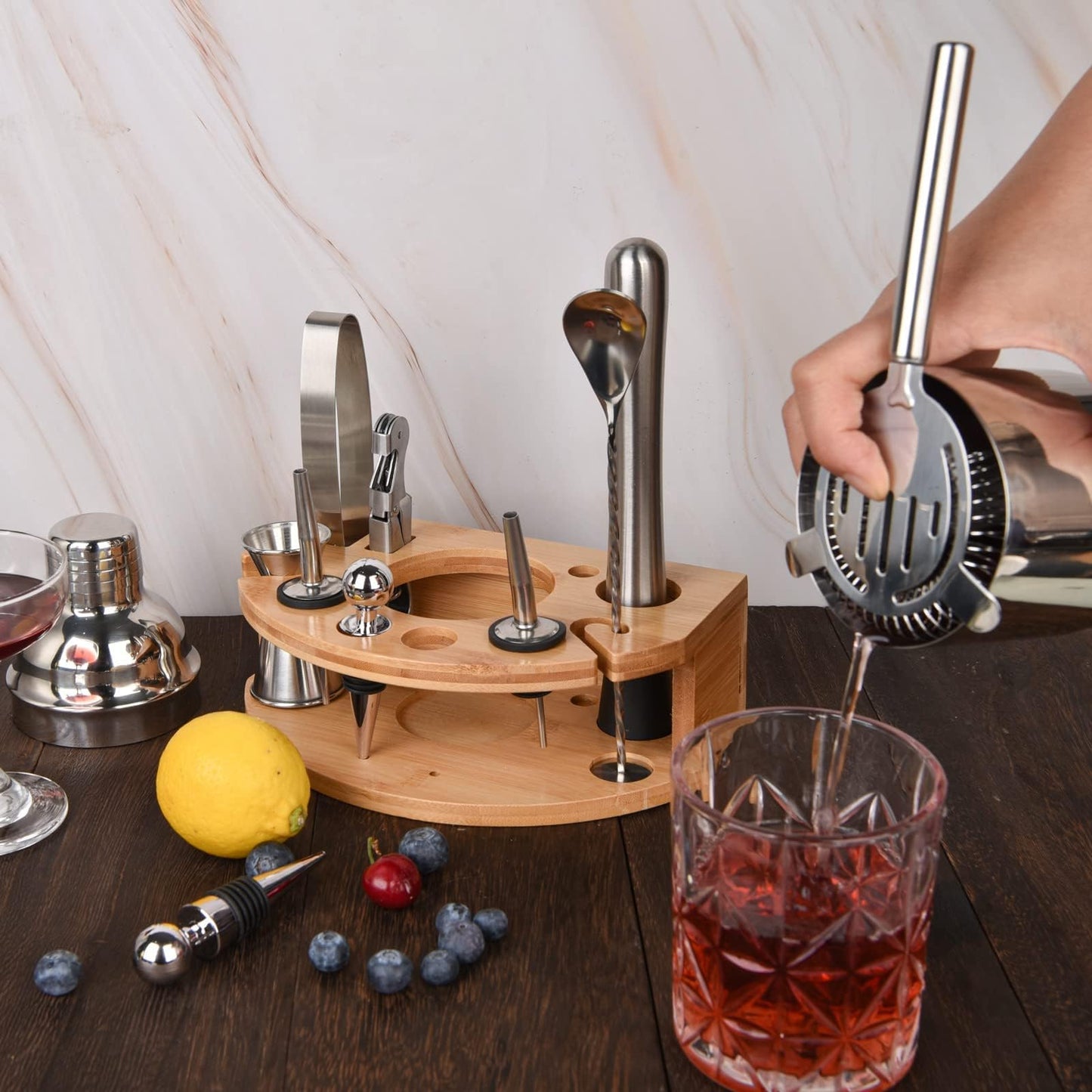 Esmula Cocktail Shaker Set,12 Piece 25oz Bartender Kit with Stand,Bar Set for Mixed Drink, Professional Bar Accessory : Shaker,Jigger,Strainer,Muddler,Liquor Pourers, House Warming Gifts