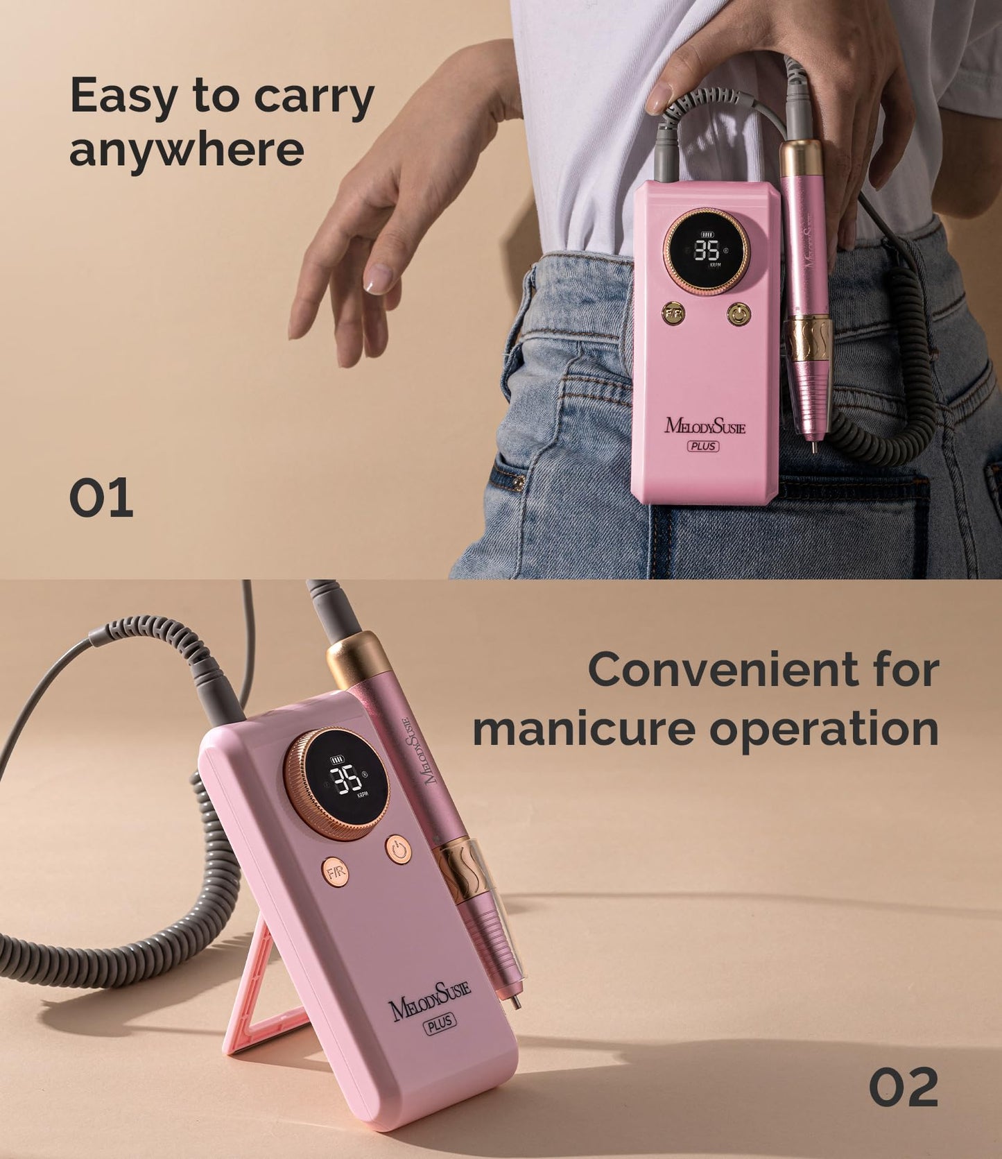 MelodySusie 2 in 1 Professional Nail Drill, 30000 RPM SC330G Electric Nail File with Kickstand for Gel Nails Polishing Removing, Portable Cordless Nail Efile for Manicure Pedicure at Home & Salon,Gold
