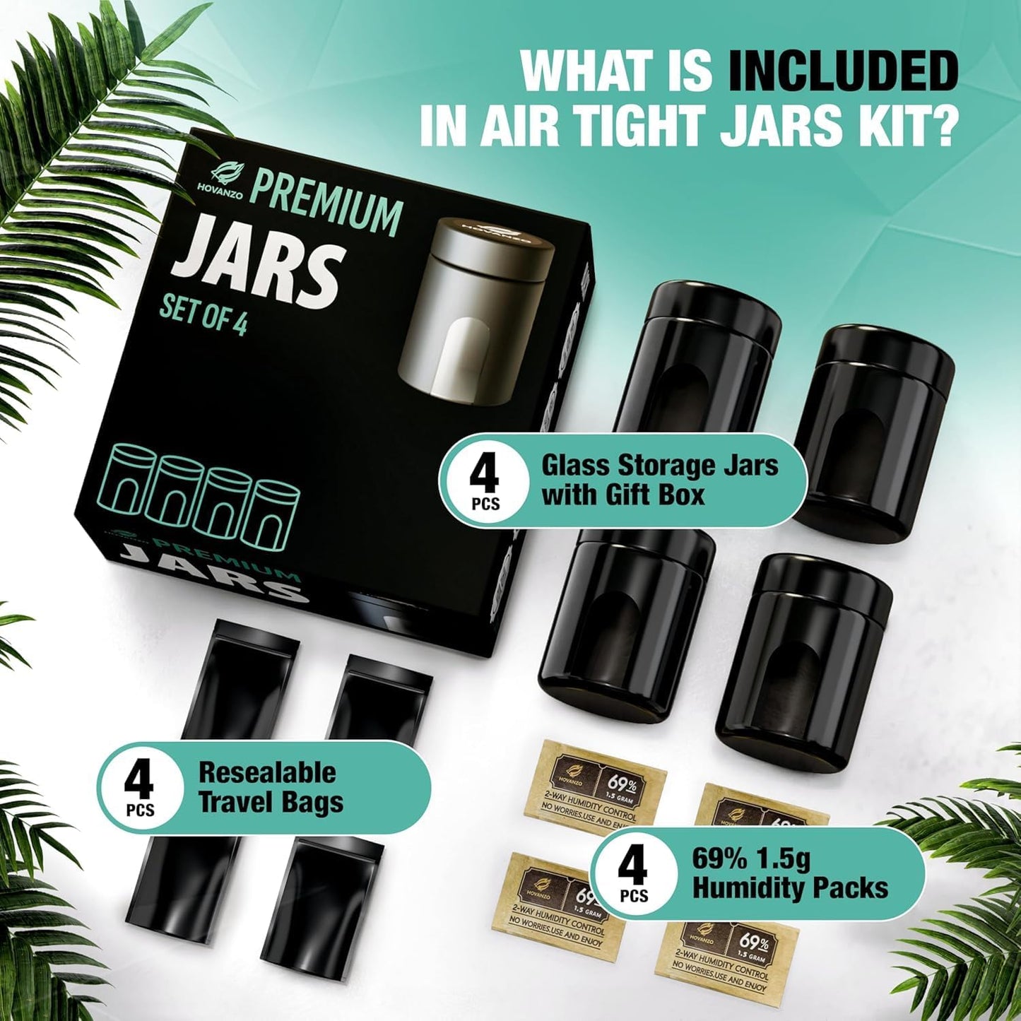 180/120ml 69% 4 Packs Premium Airtight Glass Storage Jars with Humidity Control - UV Air Tight Jars