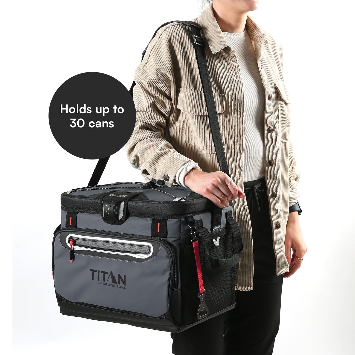 Titan by Arctic Zone Zipperless Soft Sided Cooler with HardBody Liner and SmartShelf, Insulated Bag with Shoulder Strap and Bottle Opener for Beach, Picnic, and Travel, 30 Can Capacity, Sharkskin Gray