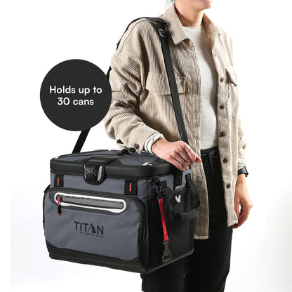 Titan by Arctic Zone Zipperless Soft Sided Cooler with HardBody Liner and SmartShelf, Insulated Bag with Shoulder Strap and Bottle Opener for Beach, Picnic, and Travel, 30 Can Capacity, Sharkskin Gray