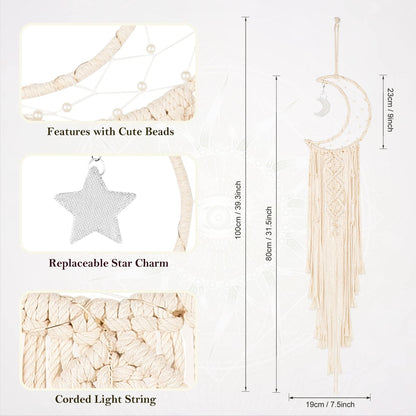 Boho Macrame Woven Wall Hanging, Crochet Crescent Moon Star Dream Catcher with Long Tassel- White Cotton Handmade Bohemian Home Decor Decoration Art Craft for Kids Bedroom Dorm Room