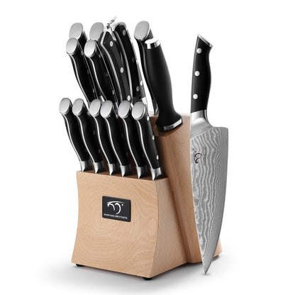 NANFANG BROTHERS 15-Piece Damascus Kitchen Knife Sets with Japanese 67-Layer Damascus Steel, ABS Ergonomic Handle for Chef Knife Set, Ultra Sharp Knife Set with Sharpener, Beechwood Block