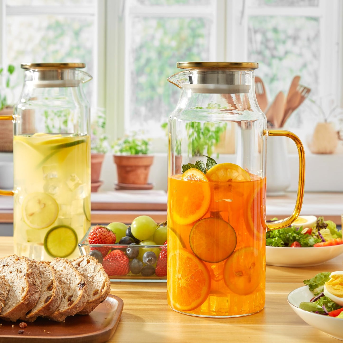 CMLKLZD 2 Pack 2 Liter 68 oz Glass Pitcher with Lid and Handle, Gold Glass Carafe for Fridge, Water Pitcher for Hot/Cold Water, Large Jug for Iced Tea, Coffee, Juice and Homemade Beverage