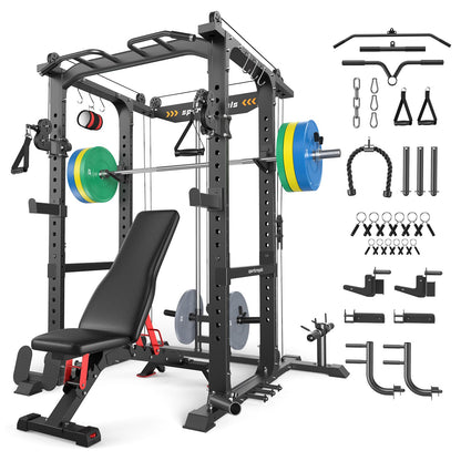 Sportsroyals Power Cage, Multi-Functional Squat Rack, Power Rack with Pulley System & LAT Pull Down, Workout Cage with J Hooks for Home Gym
