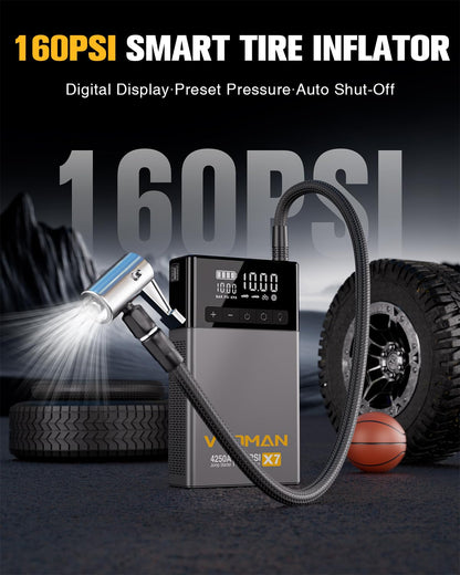 VTOMAN X7 Jump Starter with Air Compressor, 4250A&160PSI Pickup Trucks & Suvs Battery Car Jumper Starter Portable(10L Gas/10L Diesel) with Auto-Shutoff Tire Inflator, 12V Lithium Booster Box, QC3.0