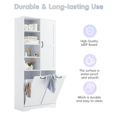 Merax Tall Storage Cabinet with Door and Open Shelf, Multi-Functional Laundry Hamper Basket for Home Bathroom, Laundry Room, White