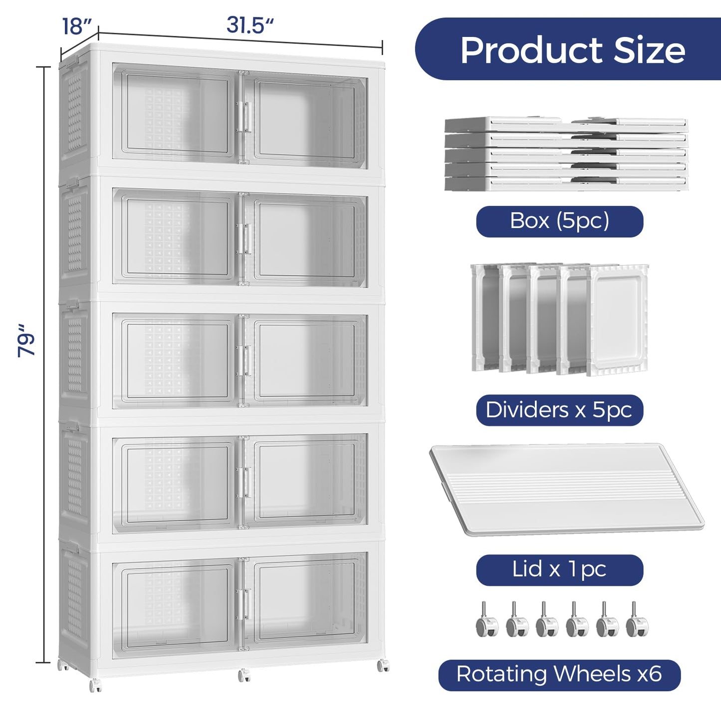 ARXYNEL 250GAL Extra Large Storage Bins with Lid & Dividers, 1000Qt Stackable Closet Organizers with Drawers, Collapsible Storage Bins with Wheels, Folding Container for Home Kitchen, 5Pack White