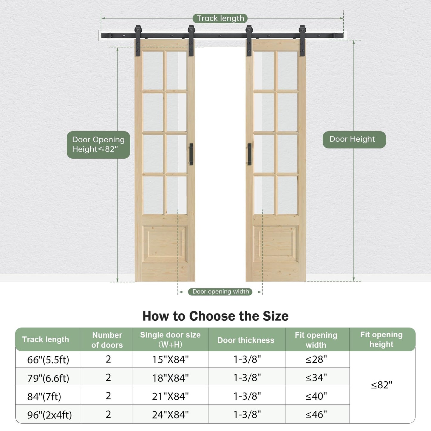 Roymelo Preassembled 36x84 (Double 18x84) Inch Clear Glass French Interior Door with 6.6Ft Barn Door Hardware Kit Included, Spruce Wood Support DIY Dyeing, Easy Assembly