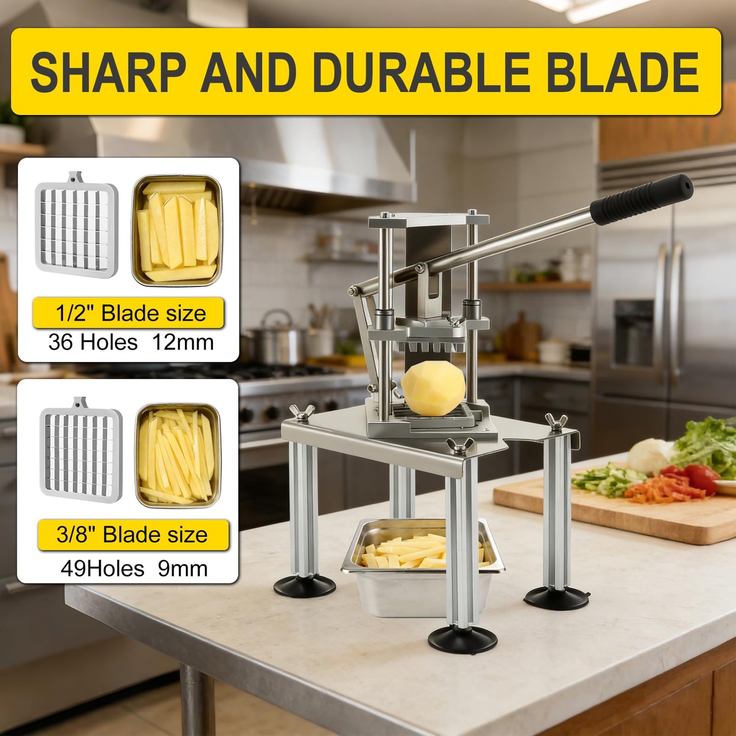Commercial Heavy Duty French Fry Cutter, Stainless Steel Potato Slicer with 1/2" & 3/8" 2 Blades, Strong Suction Manual Vegetable Cutter for Restaurant, Food Truck, Home Commercial Kitchen
