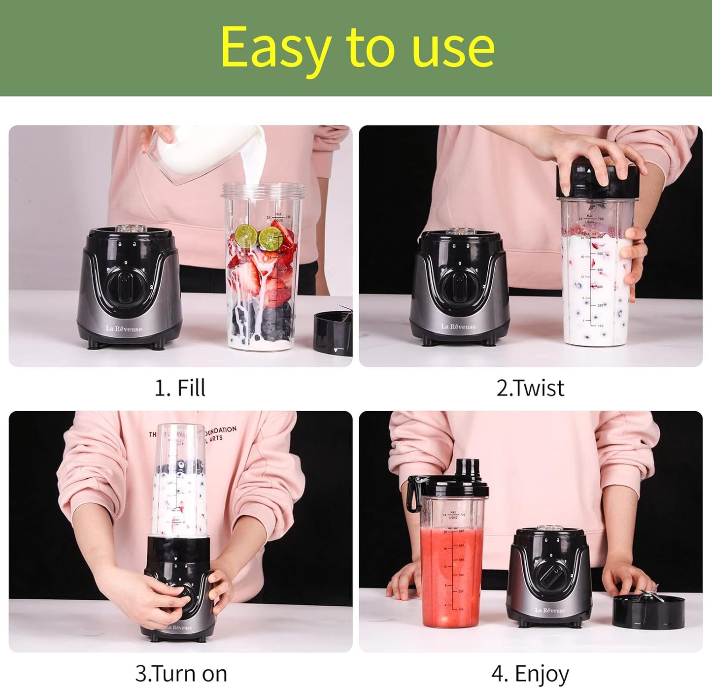 La Reveuse Personal Size Smoothies Blender, 300 Watts with 24 oz BPA-Free Portable Travel Sports Bottle (Grey)