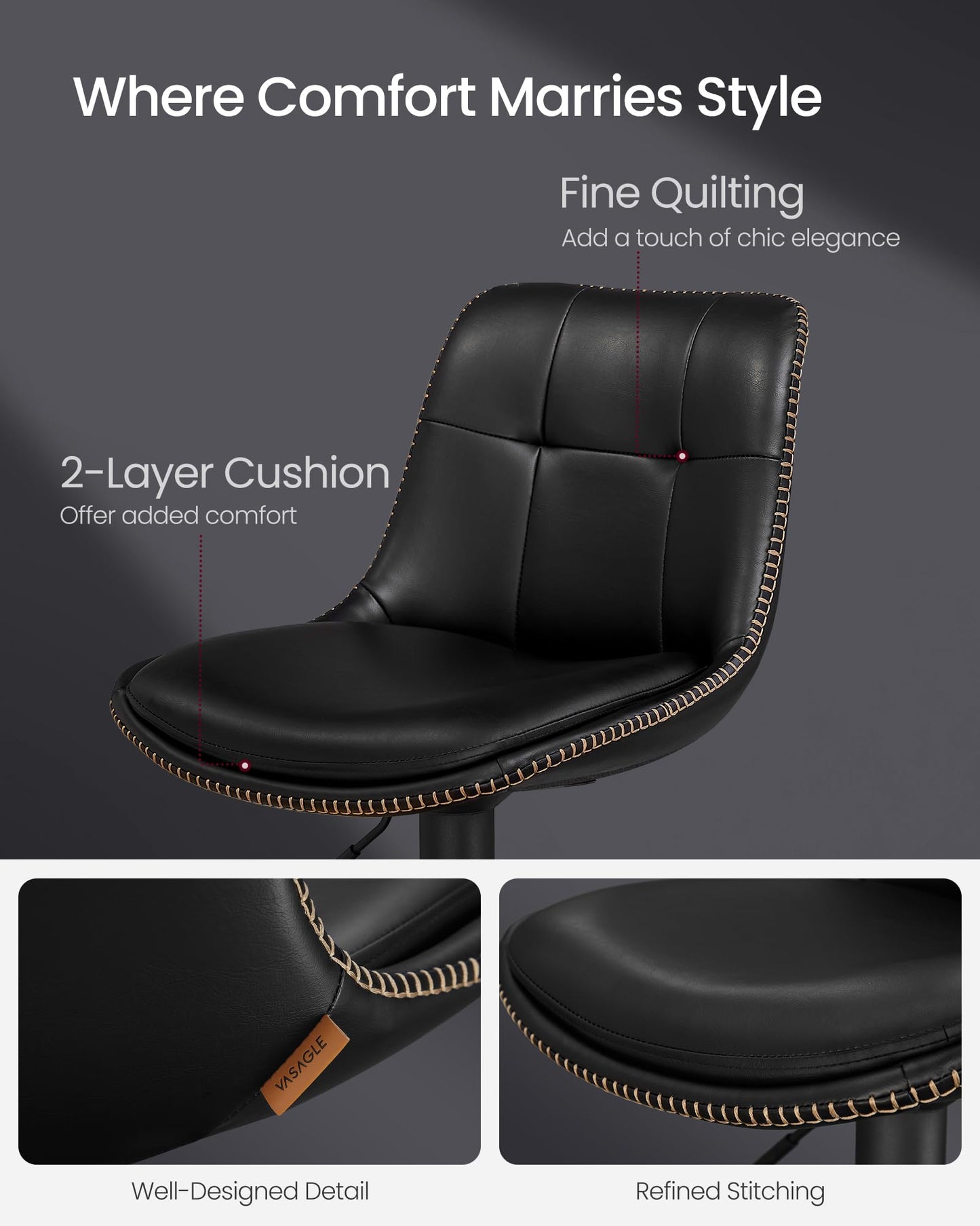 VASAGLE Bar Stools, Set of 4 Swivel Bar Chairs, Adjustable Height, Quilt, Synthetic Leather Kitchen Stools with Back and Footrest, Dining Room, Counter, Steel, Ink Black ULJB095BH01-2J