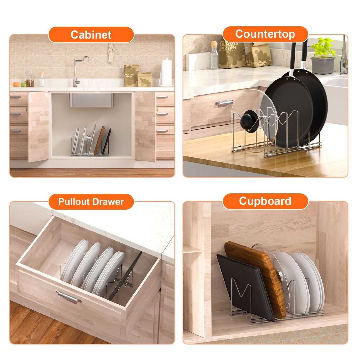 HzTinT 3 Pack Pot Lid Organizer for Cabinet, Stainless Steel Pot Lid Rack with Anti-slip Pad, Lid Holder for Pans Pots, Bakeware, Plates, Cookie Sheets, Trays, Dish, Cutting Boards, Silver