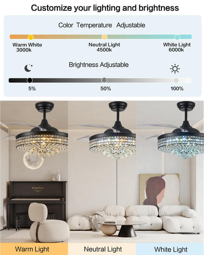 Trssdre 52" Dimmable Black Fandelier Ceiling Fans with Lights and Remote Modern Retractable Blade Crystal Chandelier Ceiling Fan for Bedroom Dinning Room Living Room