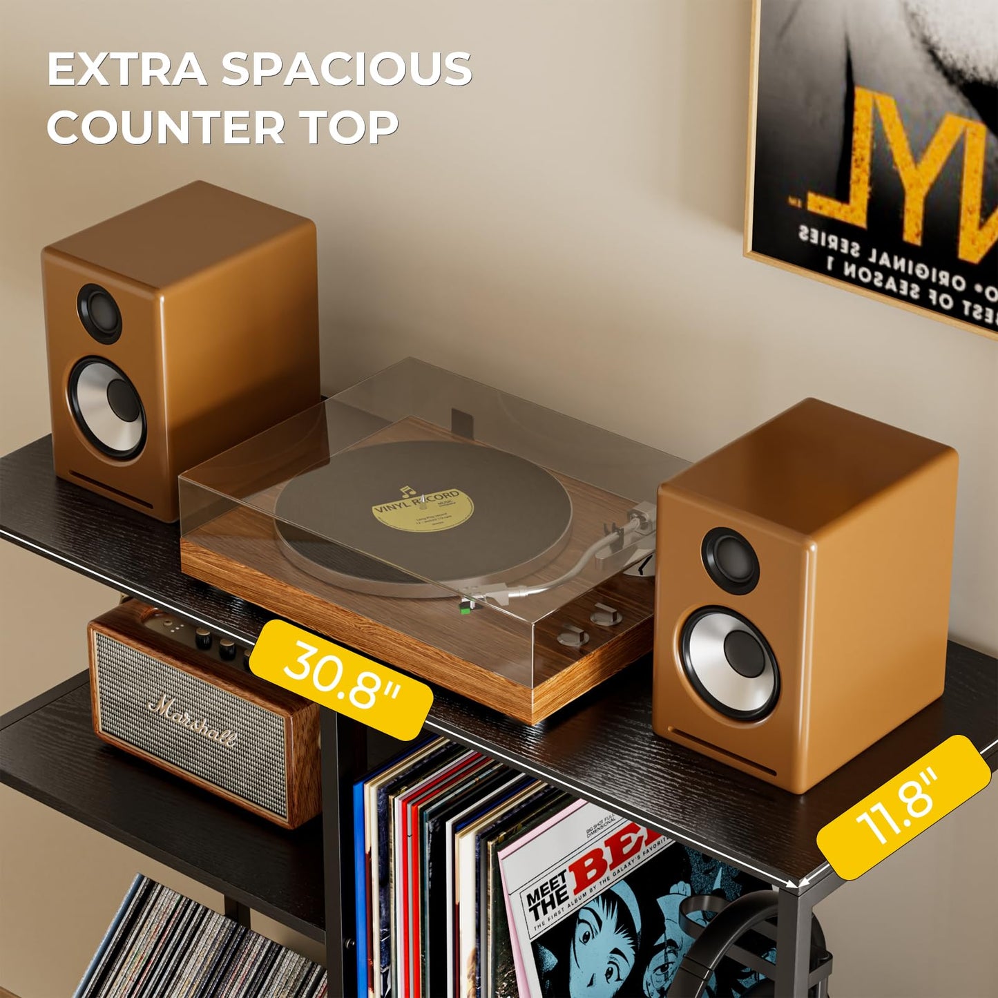 Nidouillet Record Player Stand with LED Light, Turntable Stand with Vinyl Storage for 300+ Albums, 3-Tier Media Cabinet with V-Shaped Holder & Adjustable Shelf, for Living Room & Bedroom