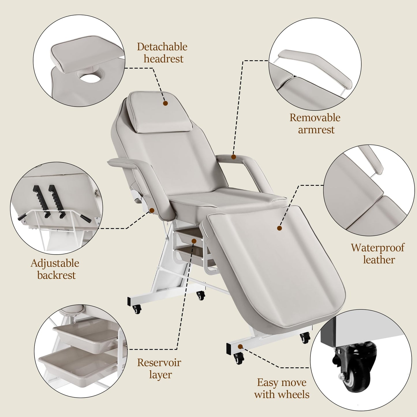 Tattoo Facial Chair with Wheel, Esthetician Massage Bed with Stool, Professional Adjustable Lash Tattooing Table with Breathing Hole Beauty Treatment Salon Spa Artist Equipment with 2-Tary, Grey