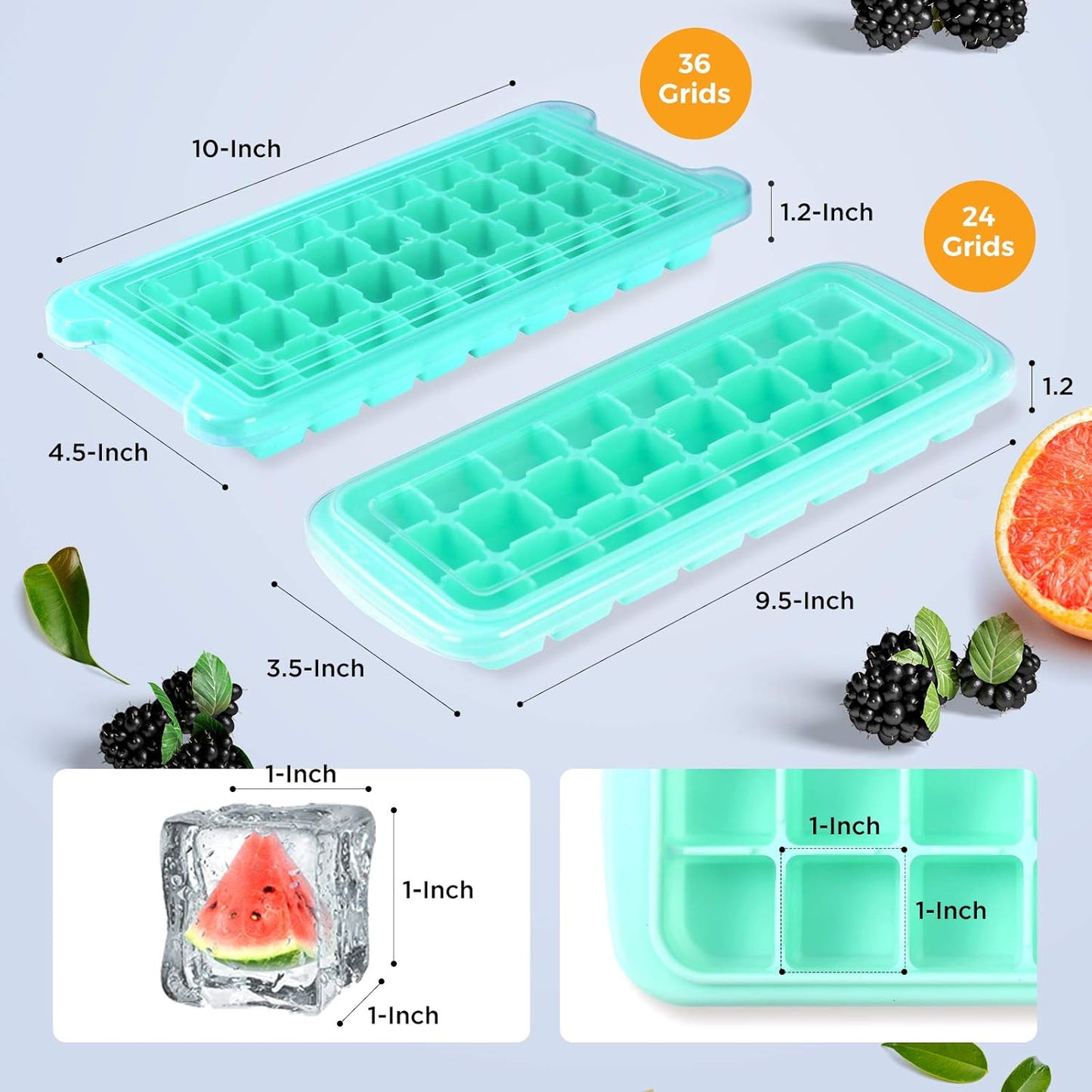 Soft Silicone Ice Cube Tray with PP Lid, Flexible Ice Cube Trays for Freezer (24 Cubes, Blue)
