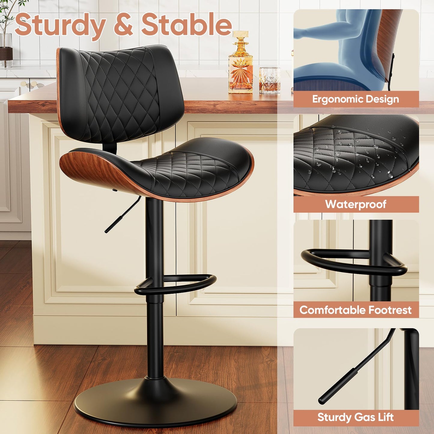 FervorFurn Swivel Bar Stools Set of 3, Adjustable Bar Stool for Kitchen Island, Mid-Century Modern PU Leather Counter Height Bar Stools with Back and Footrest, Easy Assembly, Black