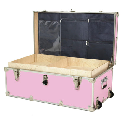 Large Essential Trunk With Wheels, Tray, & Lid Organizer - 32"x18"x14", 1000+ lbs Capacity. Strong, USA Made Summer Camp Footlocker, and Secure College Dorm Storage Chest