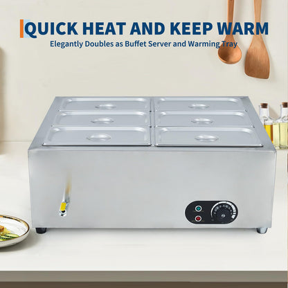6-Pan Commercial Food Warmer, Portable Stainless Steel Countertop Buffet Server with Adjustable Temperature for Parties, Catering, and Home Gatherings