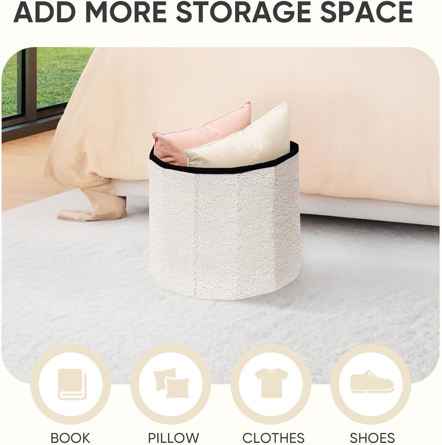 15"x15"x13.2" PINPLUS Round Storage Ottoman Cube Footrest - Versatile Boucle & Faux Teddy Fur Stool with Hidden