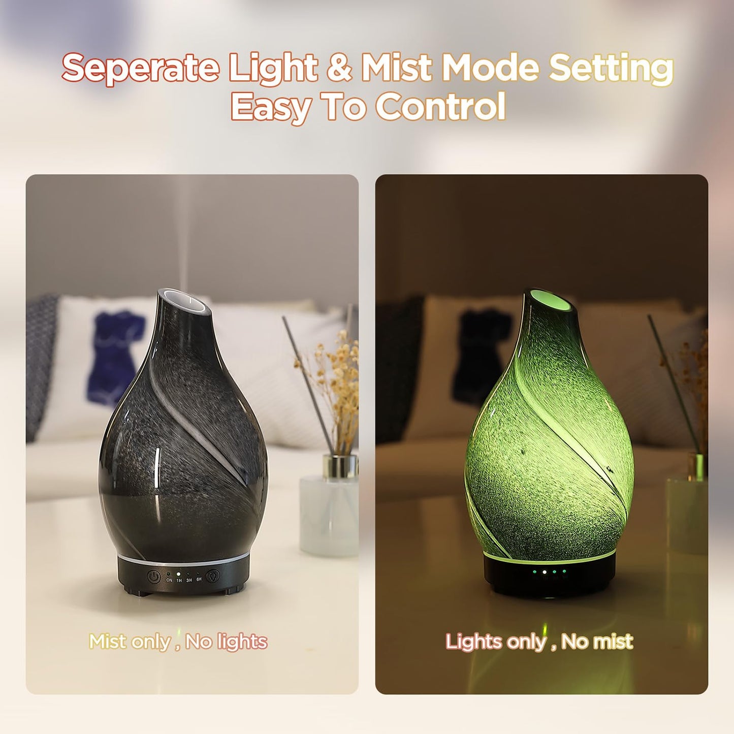 Essential Oil Diffuser Hand Blown Glass Aromatherapy Diffuser - Ultrasonic Cool Mist Scent Aroma Diffuser, Whisper Quiet with Auto Shut-Off, Timer Setting &7 Colors Night Light for Home