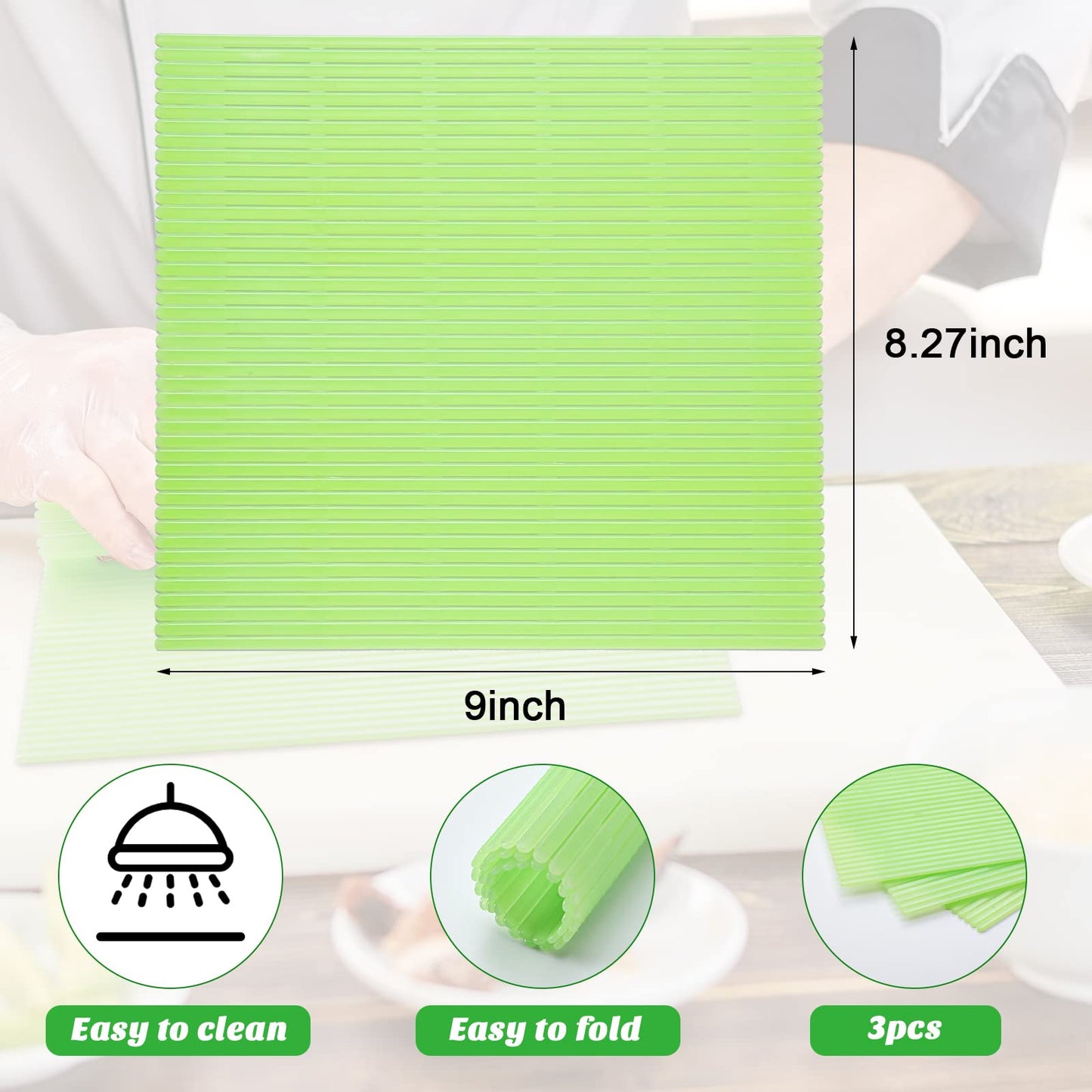 Hoolerry 3 Pieces Kitchen Sushi Rolling Mat Non Stick Japanese Plastic Sushi Plates Making Kit Rolling Maker Homemade for Kitchen Home Cooking DIY(Green)