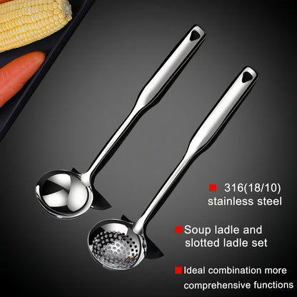 Hvanam Soup Ladle 18/10 Stainless Steel and Slotted Spoons with Holes 2 Pack Set,316 Metal Heavy Duty Deep Spoon Gravy Punch Ladles for Serving Soup,Gravy,Draining,Kitchen Cooking,Hot Pot(11.8inchs)