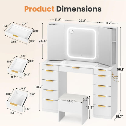 Pamapic Glass Top Makeup Vanity Desk with Foldable Mirror and Lights, 11 Drawers Vanity with Chair and Power Outlet, 3 Lighting Modes Makeup Table, Golden Handles, White