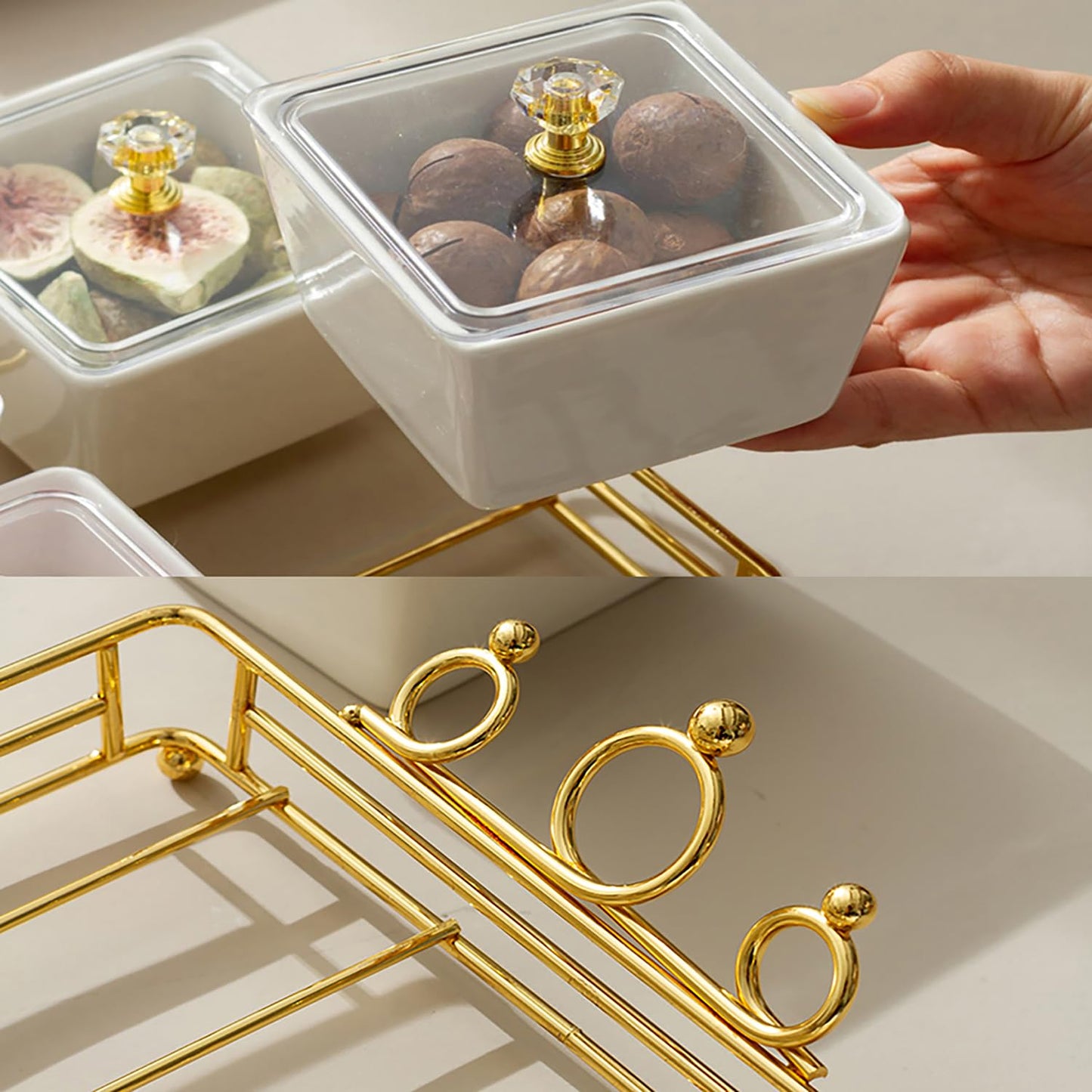YA JU Ceramic Bowls and with Lid Gold Basket Trays, 4 Removable Small Bowls Condiment Trays Nut Serving Set for Snacks, Fruits, Candy and Condiments - Great for Parties, Holiday Gifts,White